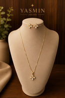 Conjunto Trevo Dourado Cravejado Folheado a Ouro 18K